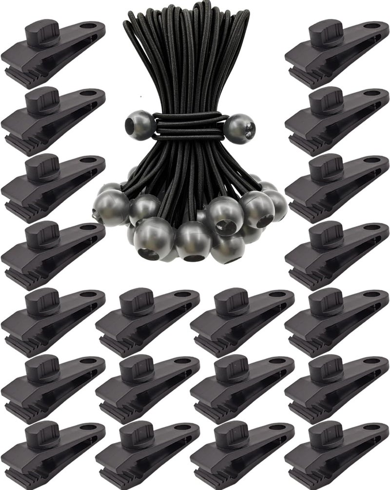 BINCKIN Tarp Clip Heavy Duty Lock Grip, 40 Pack Bungee Cord with Clips Set, Heavy Duty Tarp Clamps Tie Downs for Pool Awning Cover, Car Cover (Black) - Image 1